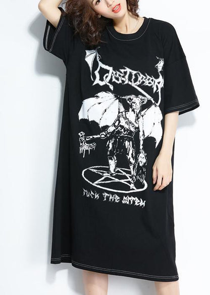 Stil schwarzer Druck Baumwolle Steppkleidung Plus Size Muster O-Ausschnitt Baumwolle Sommerkleider
