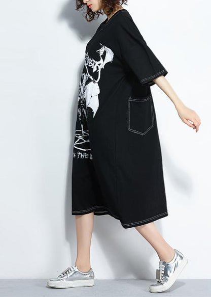 Stil schwarzer Druck Baumwolle Steppkleidung Plus Size Muster O-Ausschnitt Baumwolle Sommerkleider