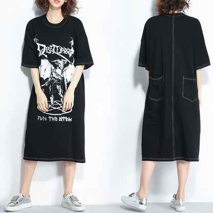 Stil schwarzer Druck Baumwolle Steppkleidung Plus Size Muster O-Ausschnitt Baumwolle Sommerkleider