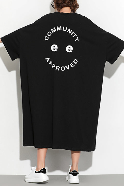 Stil schwarz bedruckte Baumwolltunika in Übergröße, Modeideen, Fledermausärmel, Maxi-Sommerkleid