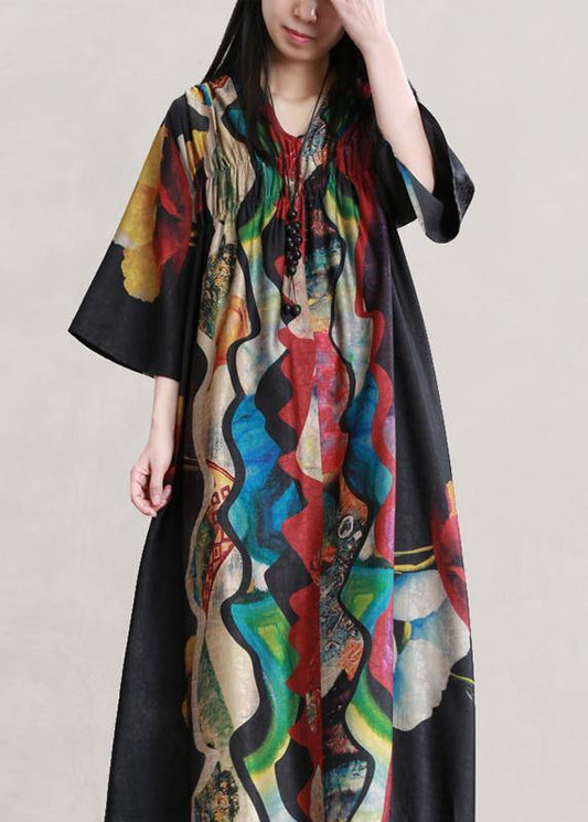 Style black print outfit v neck flare sleeve Dresses summer Dress - SooLinen
