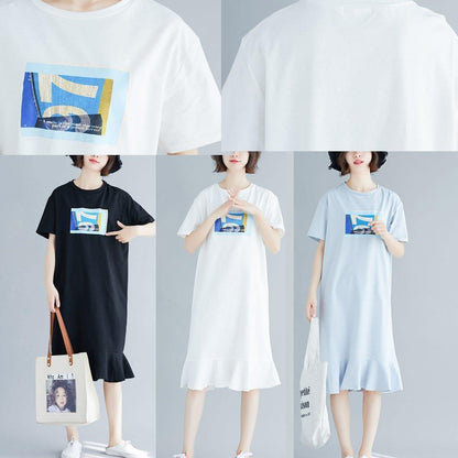 Style black prints cotton quilting clothes ruffles hem Maxi summer Dresses - SooLinen