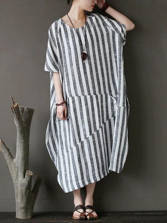 Style black striped cotton tunics for women o neck patchwork Art Dress - SooLinen