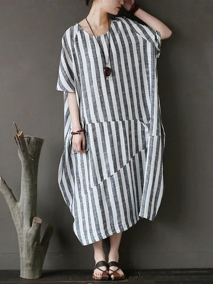 Style black striped cotton tunics for women o neck patchwork Art Dress - SooLinen