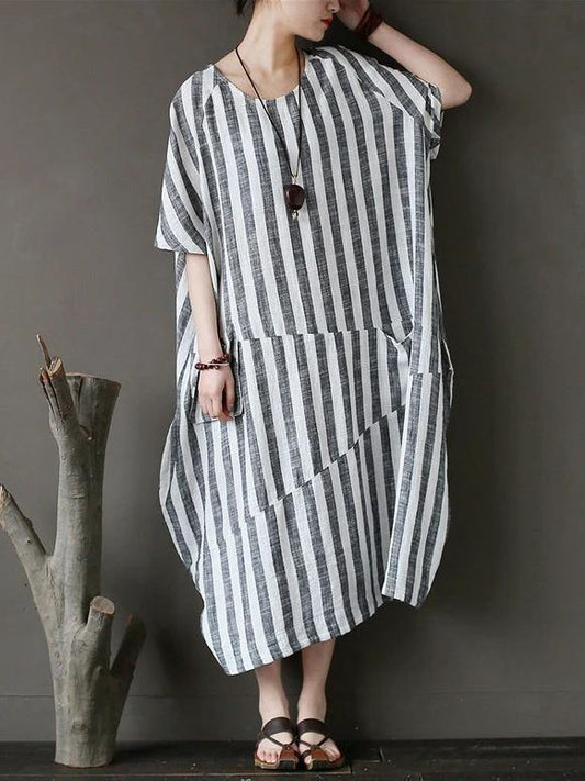 Style black striped cotton tunics for women o neck patchwork Art Dress - SooLinen