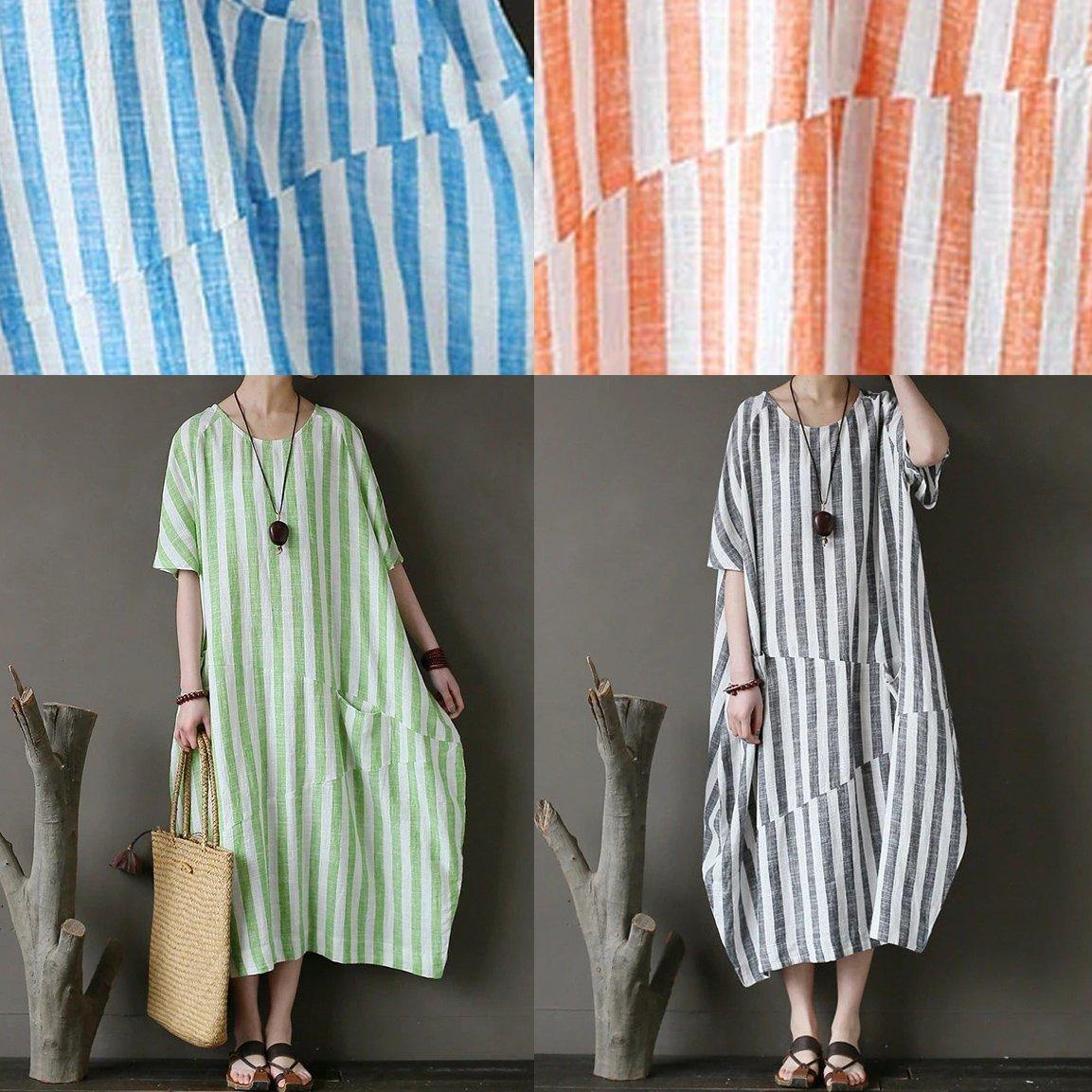 Style black striped cotton tunics for women o neck patchwork Art Dress - SooLinen
