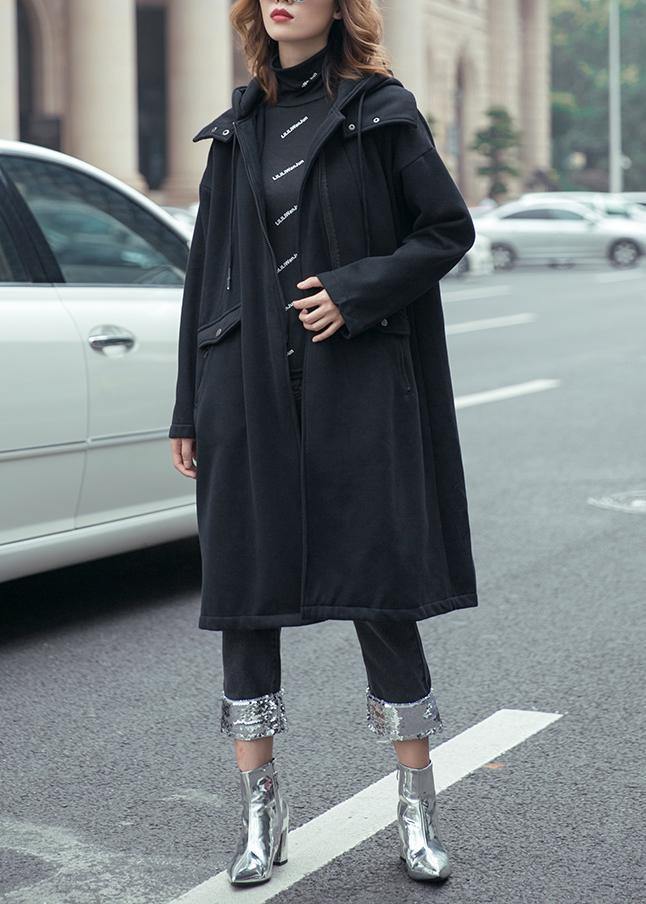 Style black fine coats women hooded drawstring fall outwear - SooLinen