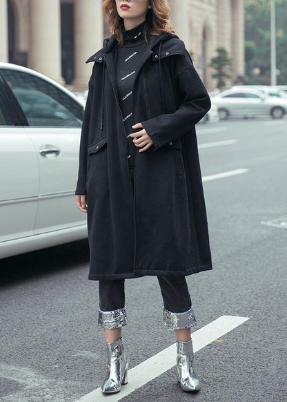 Style black fine coats women hooded drawstring fall outwear - SooLinen