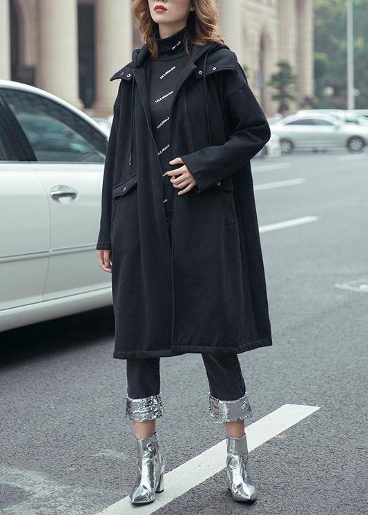 Style black fine coats women hooded drawstring fall outwear - SooLinen