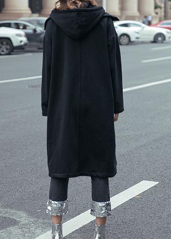 Style black fine coats women hooded drawstring fall outwear - SooLinen