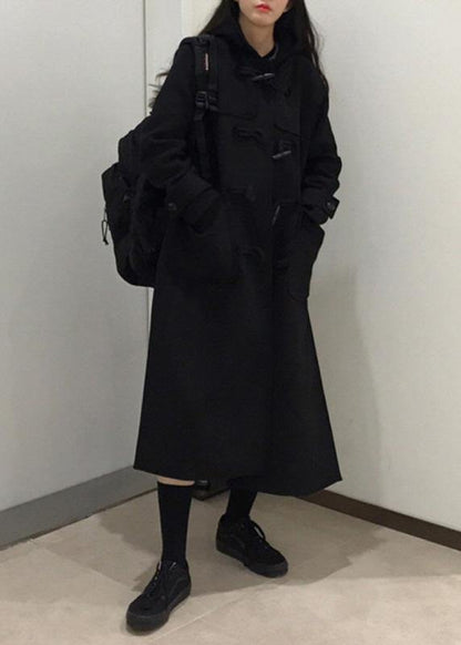 Style black fine trench coat Cotton side open hooded coats - SooLinen