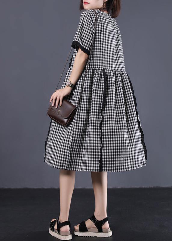 Style black white plaid cotton Tunic patchwork ruffles cotton summer Dress - SooLinen