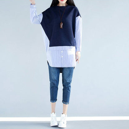 Stil blau baumwolle kleidung Für Frauen 2019 Arbeit Outfits seite offene baumwolle falsche zwei stücke top