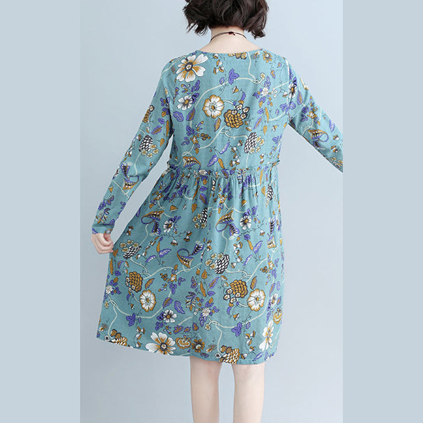 Stil blau bedrucktes Baumwoll-Leinen-Kleid Plus Size Tutorials O-Ausschnitt Alltagskleid