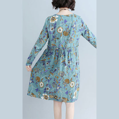 Stil blau bedrucktes Baumwoll-Leinen-Kleid Plus Size Tutorials O-Ausschnitt Alltagskleid