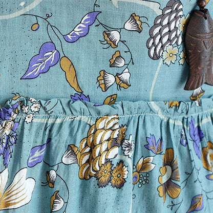 Stil blau bedrucktes Baumwoll-Leinen-Kleid Plus Size Tutorials O-Ausschnitt Alltagskleid