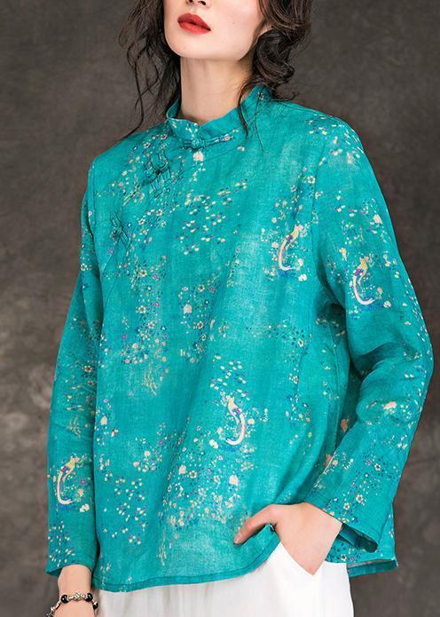 Stil blau bedruckte Leinenkleidung für Frauen Indische Tutorials O-Ausschnitt Stehkragen kurzes Sommerhemd