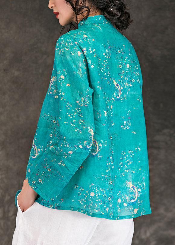 Stil blau bedruckte Leinenkleidung für Frauen Indische Tutorials O-Ausschnitt Stehkragen kurzes Sommerhemd