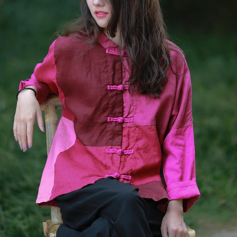 Style burgundy tunic stand collar patchwork daily top - SooLinen