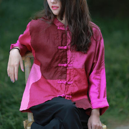 Style burgundy tunic stand collar patchwork daily top - SooLinen