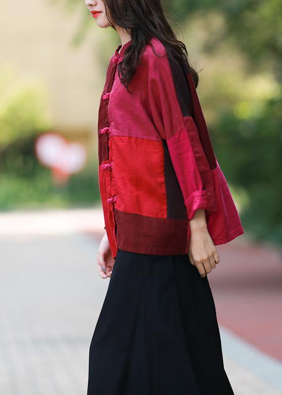 Style burgundy tunic stand collar patchwork daily top - SooLinen