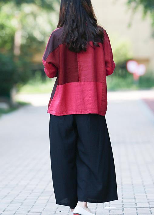 Style burgundy tunic stand collar patchwork daily top - SooLinen