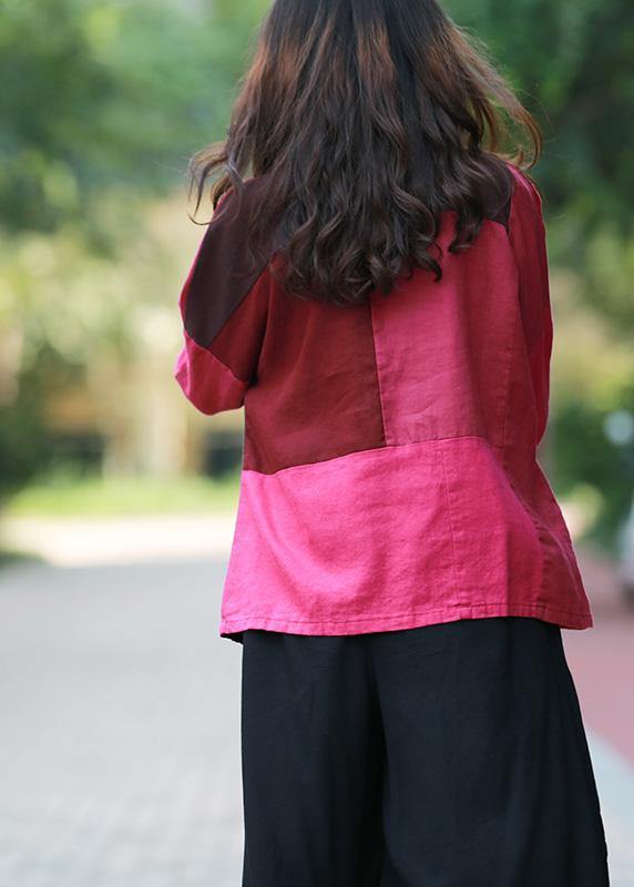 Style burgundy tunic stand collar patchwork daily top - SooLinen