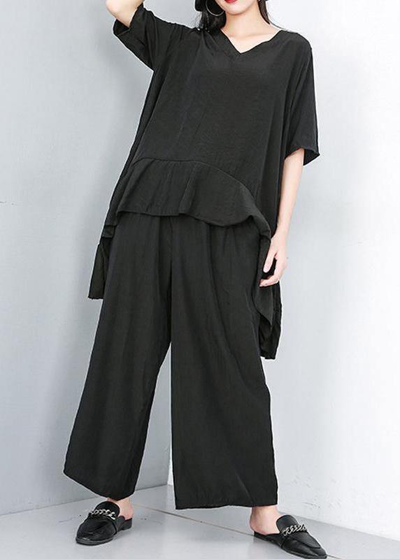Style cotton Korea Summer Pure Color Irregular Blouse And Wide Leg Pants - SooLinen