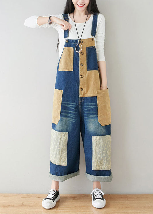 Stil dunkelblau Taschen Patchwork Baumwolle Denim Jumpsuits Frühling