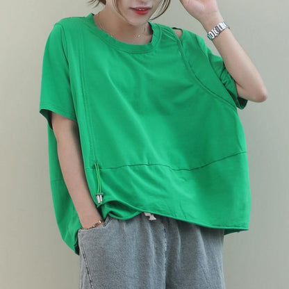 Style green cotton clothes For Women o neck baggy cotton shirt - SooLinen