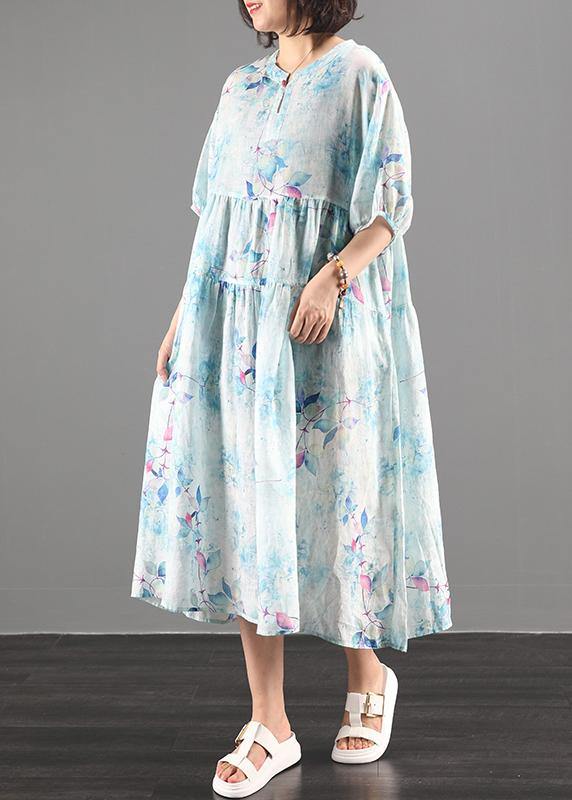 Style green print  clothes Women o neck exra large hem A Line Dress - SooLinen