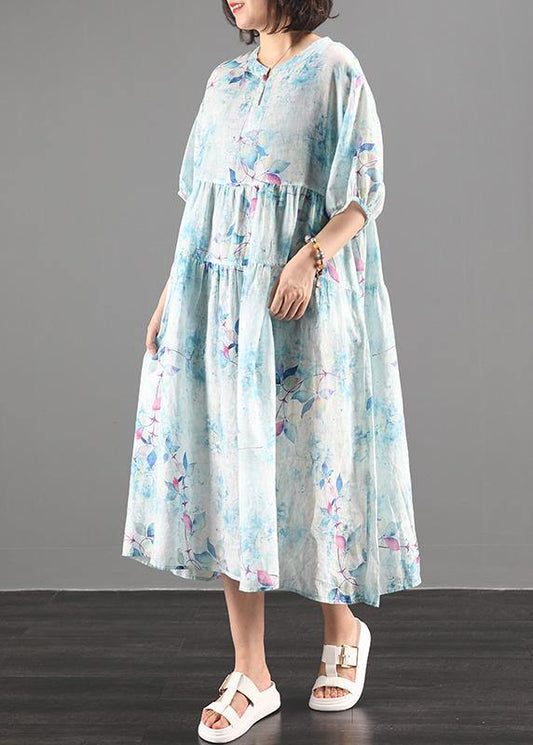 Style green print  clothes Women o neck exra large hem A Line Dress - SooLinen