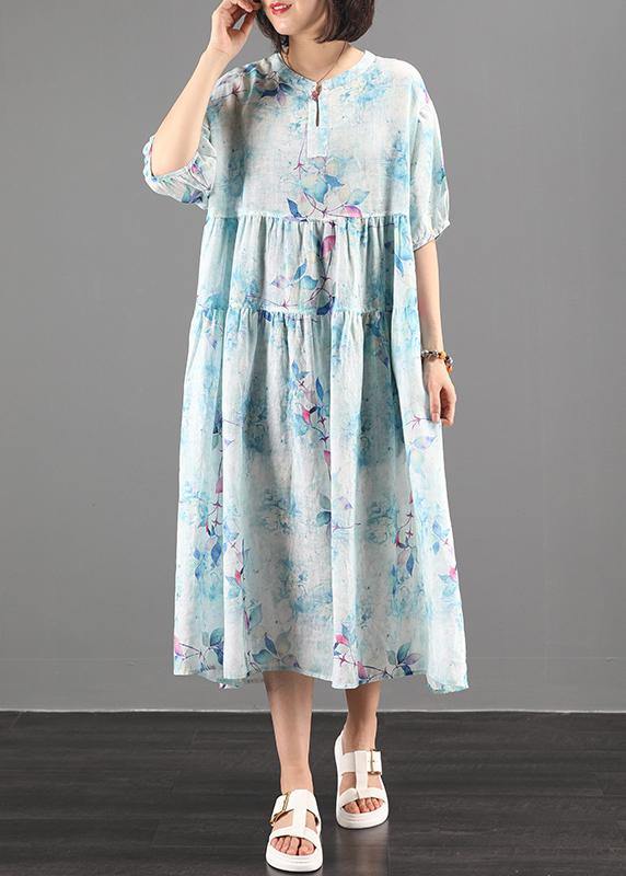 Style green print  clothes Women o neck exra large hem A Line Dress - SooLinen