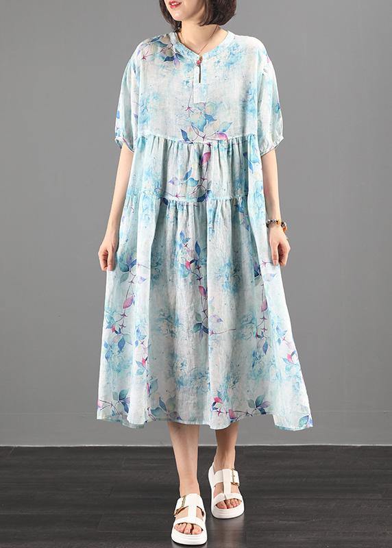 Style green print  clothes Women o neck exra large hem A Line Dress - SooLinen