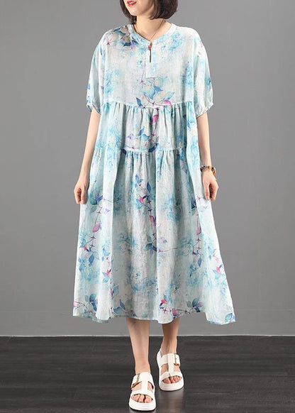 Style green print  clothes Women o neck exra large hem A Line Dress - SooLinen