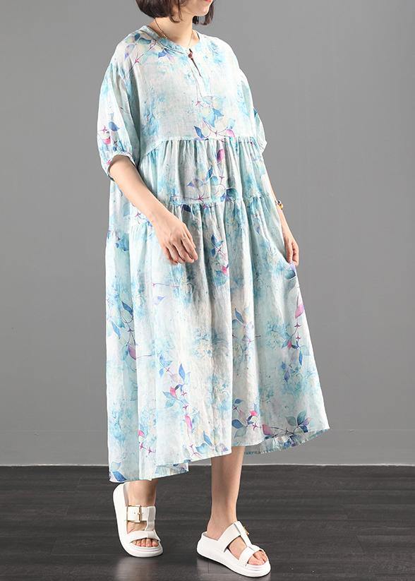 Style green print  clothes Women o neck exra large hem A Line Dress - SooLinen