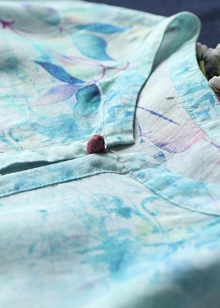 Style green print  clothes Women o neck exra large hem A Line Dress - SooLinen