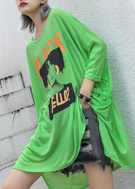 Style green print cotton box top o neck Cinched oversized summer top - SooLinen