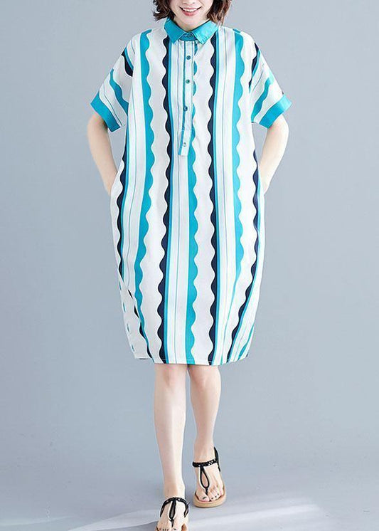 Style green striped Cotton clothes Women lapel tunic summer Dress - SooLinen