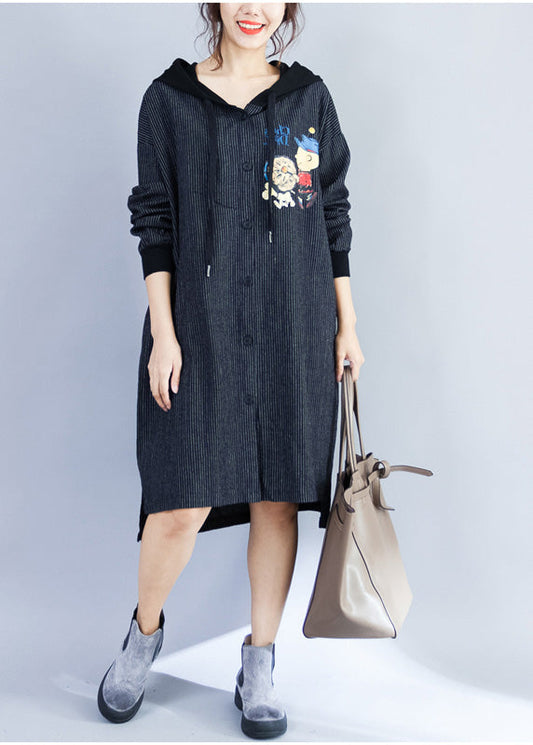 Stil Mit Kapuze Baumwolle Kleiderschränke Muster Schwarz Gestreiften Knie Kleider Frühling