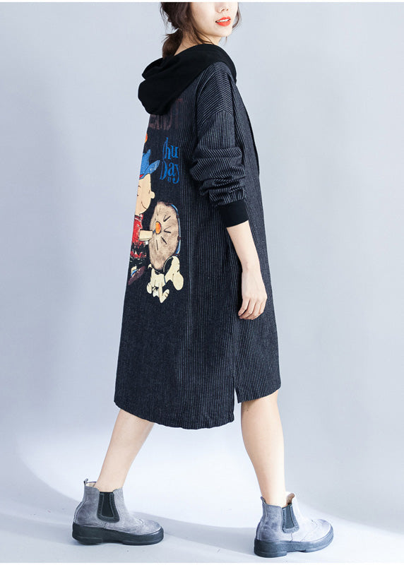 Stil Mit Kapuze Baumwolle Kleiderschränke Muster Schwarz Gestreiften Knie Kleider Frühling