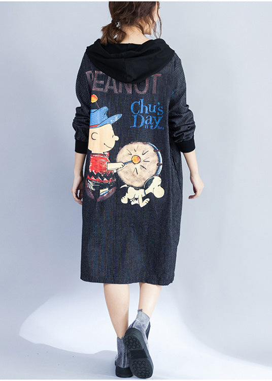 Stil Mit Kapuze Baumwolle Kleiderschränke Muster Schwarz Gestreiften Knie Kleider Frühling