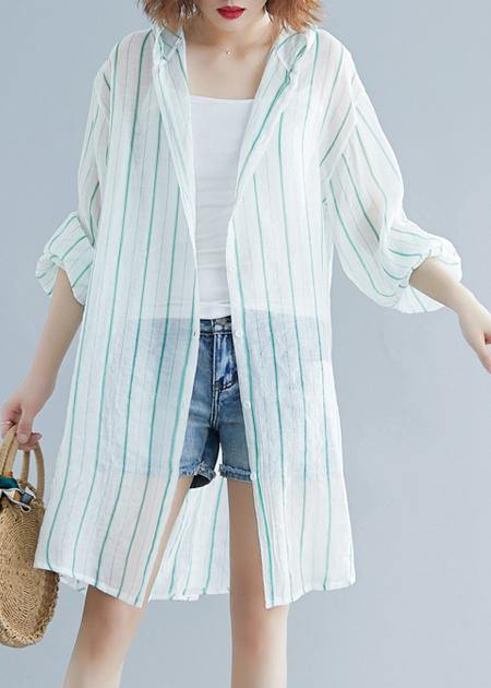 Style hooded chiffon Tunic Work green striped shirts summer - SooLinen