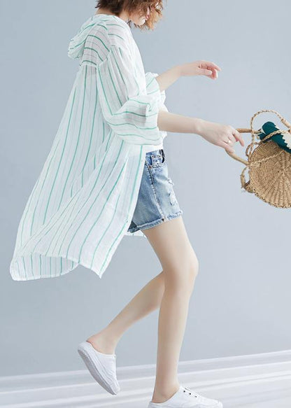 Style hooded chiffon Tunic Work green striped shirts summer - SooLinen
