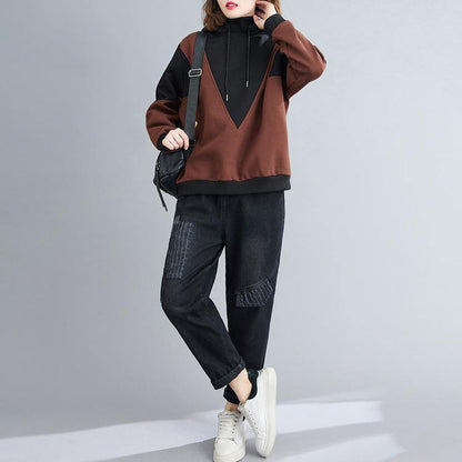 Style hooded patchwork clothes For Women Photography chocolate shirt - SooLinen