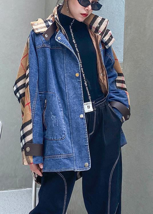 Style hooded patchwork  tunics for women denim blue Plus Size Clothing outwear - SooLinen