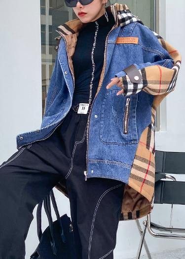 Style hooded patchwork  tunics for women denim blue Plus Size Clothing outwear - SooLinen