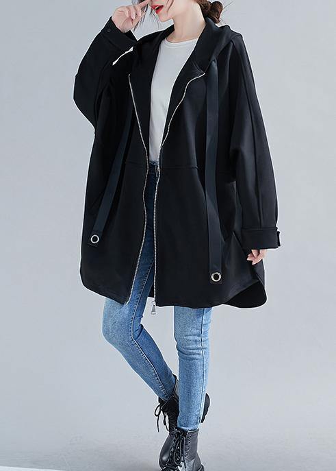 Style hooded zippered Plus Size coats women blouses black oversized outwears - SooLinen