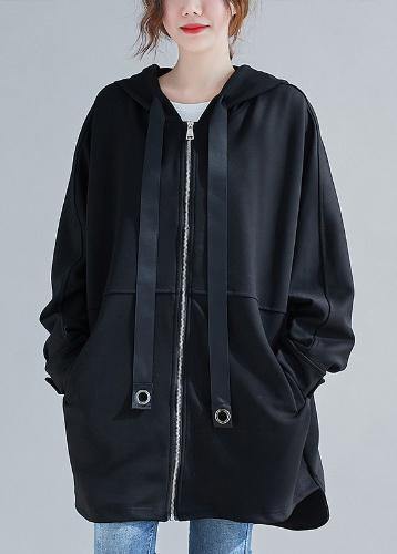 Style hooded zippered Plus Size coats women blouses black oversized outwears - SooLinen