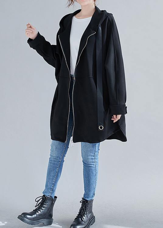 Style hooded zippered Plus Size coats women blouses black oversized outwears - SooLinen